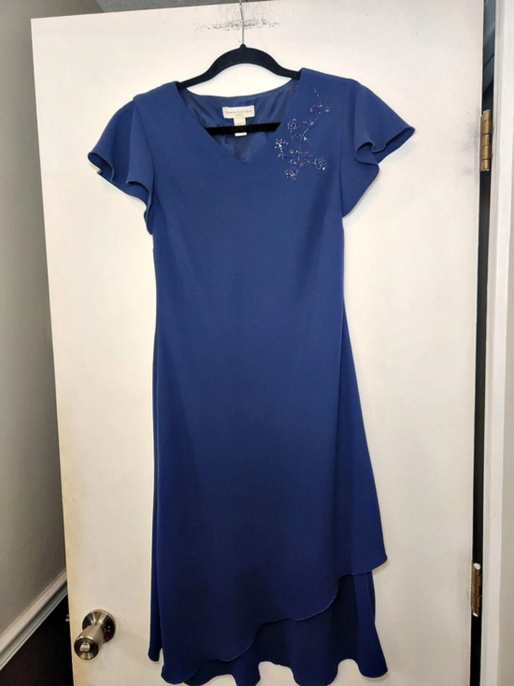 Amanda Smith Petite Beaded Scalloped Midi Dress in Blue Size 8P Formal Elegant